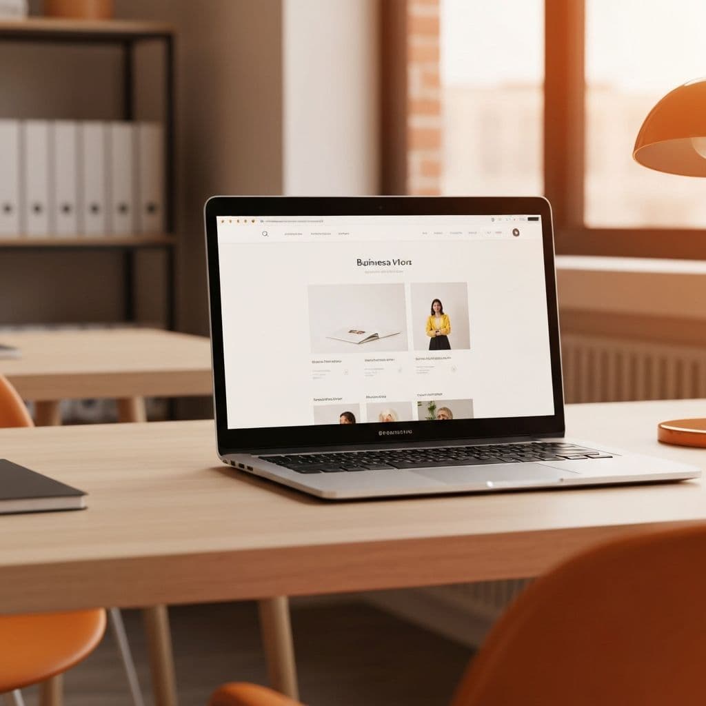 Professional website displayed on a laptop in a modern workspace